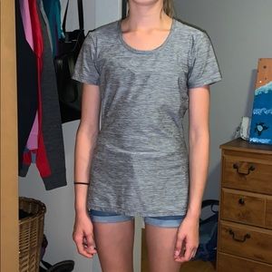 Gray athletic t-shirt.